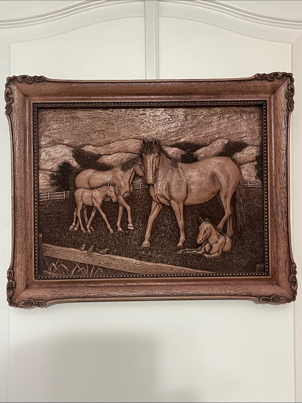 Vintage Kim Murray "Mother & Colt" Composite Relief Carving Signed 15x19"